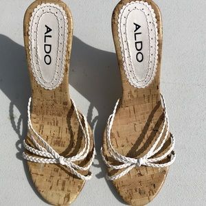 ALDO WHITE STRAP LEATHER CORK WEDGE HEEL SHOES, 6